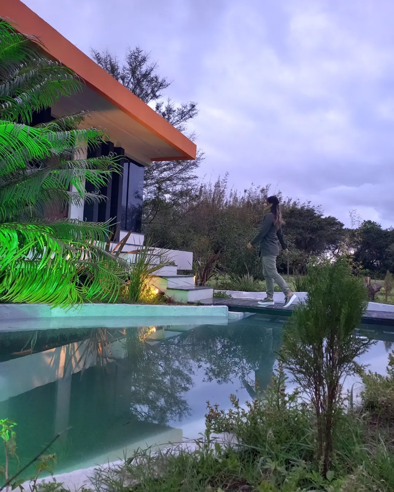 foto do escritorio do martin, cheio de arvores na volta e um lago na frente